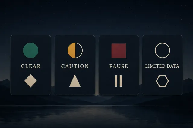 Four calm result labels CLEAR, CAUTION, PAUSE, and Need more info, each with a distinct icon shape, not color alone.